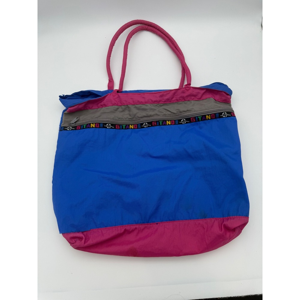 Vintage Gitano Lightweights Tote Bag Blue Pink Colorblock Retro 80s 90s Nylon - Picture 2 of 8
